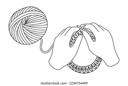 Black line Yarn ball isolated on white background. Label for hand made, knitting or tailor shop.