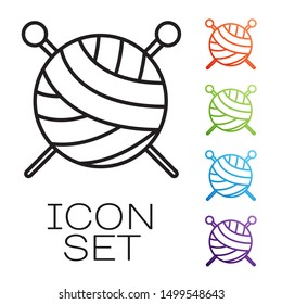 Black line Yarn ball with knitting needles icon isolated on white background. Label for hand made, knitting or tailor shop. Set icons colorful. Vector Illustration