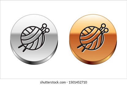 Black line Yarn ball with knitting needles icon isolated on white background. Label for hand made, knitting or tailor shop. Silver-gold circle button. Vector Illustration