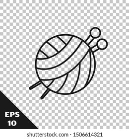 Black line Yarn ball with knitting needles icon isolated on transparent background. Label for hand made, knitting or tailor shop.  Vector Illustration