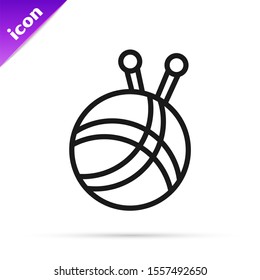 Black line Yarn ball with knitting needles icon isolated on white background. Label for hand made, knitting or tailor shop.  Vector Illustration