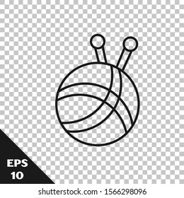 Black line Yarn ball with knitting needles icon isolated on transparent background. Label for hand made, knitting or tailor shop.  Vector Illustration