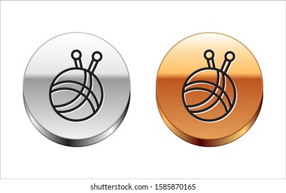 Black line Yarn ball with knitting needles icon isolated on white background. Label for hand made, knitting or tailor shop. Silver-gold circle button. Vector Illustration