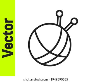 Black line Yarn ball with knitting needles icon isolated on white background. Label for hand made, knitting or tailor shop.  Vector