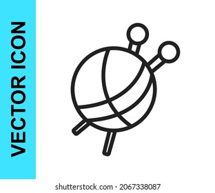 Black line Yarn ball with knitting needles icon isolated on white background. Label for hand made, knitting or tailor shop.  Vector