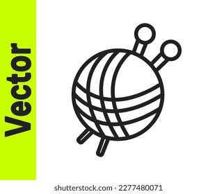 Black line Yarn ball with knitting needles icon isolated on white background. Label for hand made, knitting or tailor shop.  Vector Illustration