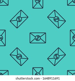 Black line Yin Yang and envelope icon isolated seamless pattern on green background. Symbol of harmony and balance.  Vector Illustration