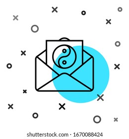 Black line Yin Yang and envelope icon isolated on white background. Symbol of harmony and balance. Random dynamic shapes. Vector Illustration