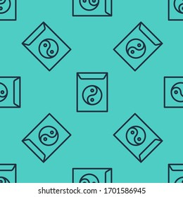 Black line Yin Yang and envelope icon isolated seamless pattern on green background. Symbol of harmony and balance.  Vector Illustration