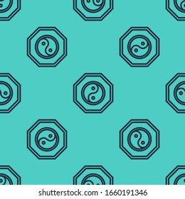 Black line Yin Yang symbol of harmony and balance icon isolated seamless pattern on green background.  Vector Illustration