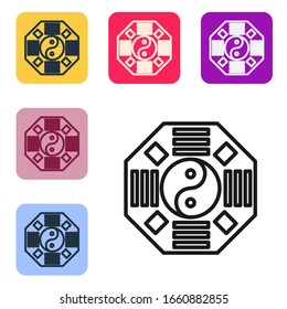 Black line Yin Yang symbol of harmony and balance icon isolated on white background. Set icons in color square buttons. Vector Illustration