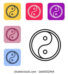 Black line Yin Yang symbol of harmony and balance icon isolated on white background. Set icons in color square buttons. Vector Illustration