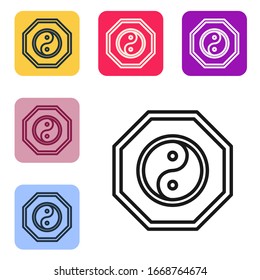 Black line Yin Yang symbol of harmony and balance icon isolated on white background. Set icons in color square buttons. Vector Illustration