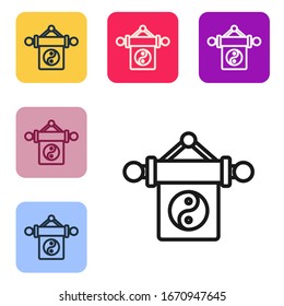 Black line Yin Yang symbol of harmony and balance icon isolated on white background. Set icons in color square buttons. Vector Illustration