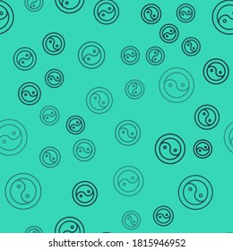 Black line Yin Yang symbol of harmony and balance icon isolated seamless pattern on green background. Vector.