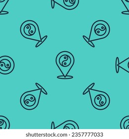 Black line Yin Yang symbol of harmony and balance icon isolated seamless pattern on green background.  Vector