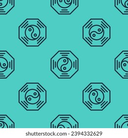 Black line Yin Yang symbol of harmony and balance icon isolated seamless pattern on green background.  Vector