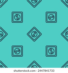Black line Yin Yang symbol of harmony and balance icon isolated seamless pattern on green background.  Vector Illustration