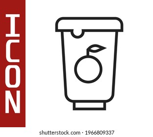 Icono de contenedor de yogur de línea negra aislado en fondo blanco. Yogur en taza de plástico.  Vector