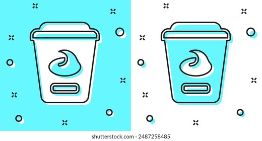 Black line Yogurt container icon isolated on green and white background. Yogurt in plastic cup. Random dynamic shapes. Vector
