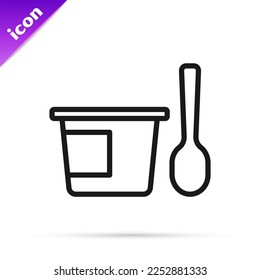 Black line Yogurt container with spoon icon isolated on white background. Yogurt in plastic cup.  Vector