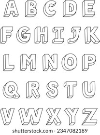 black line A to Z 3d font sat for Colouring book, A to Z alphabet for book,  isolated in white background.