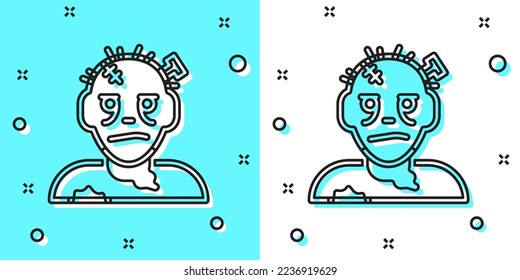 Black line Zombie mask icon isolated on green and white background. Happy Halloween party. Random dynamic shapes. Vector