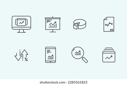 Black linear analytics finance charts and graphs vector icon set. Financial and charts concept line design.