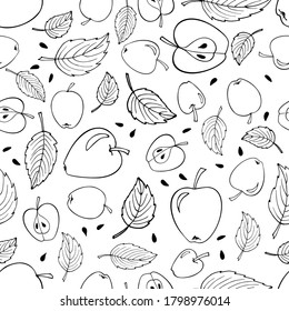 Black linear apple seamless pattern isolated on white background. Hand drawn vector illustration. Fruits Repeating Background. Autumn or summer backdrop. Back to school party decor.