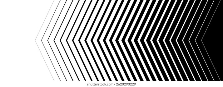 Black linear arrow background. Repeated triangle gradation pattern backdrop. Vector fading striped halftone gradient texture. Thin to thick speed line concept for overlay, poster, print, cover, banner