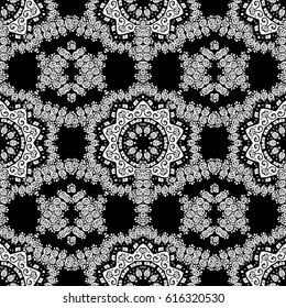 Black linear background. Floral seamless pattern with swirl. Black background. Decorative illustration for print, web.