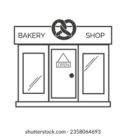 Schwarzes lineares Backen und Süßwarengeschäft Symbol. Gebäude der Kunstgrafik-Bäckerei einzeln auf weißem Hintergrund