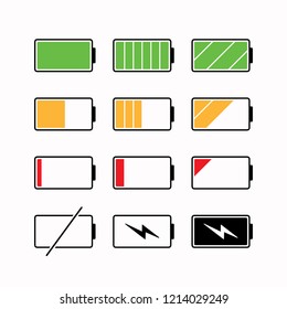 Black linear battery charge icons in gauge level status, simple shape power source running charging flat design infographics vector, app web button ui interface element isolated on white background