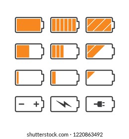 Black linear battery charge indicator icons in level, simple shape power source running charging flat design infographics vector, app web button ui interface element isolated on white background