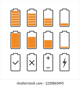 Black linear battery charge indicator icons in level, simple shape power source running charging flat design infographics vector, app web button ui interface element isolated on white background