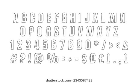 Schwarzes, lineares, fettgedrucktes Alphabet. Vektordekorative Typografie. Dekorativer Typenstil. lateinisches Skript für Header. Trendige Buchstaben und Zahlen für grafische Poster, Banner, Einladungstexte