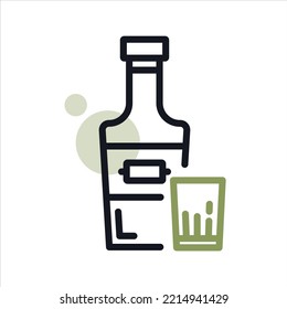 Black linear bottle of tequila alcohol with cocktail glass. Bar menu vector icon design.