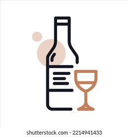 Black linear bottle of vodka alcohol with cocktail glass. Bar menu vector icon design concept.