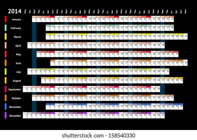 Black linear calendar 2014 with daily and monthly color coding