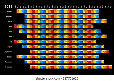 Black Linear Calendar 2015 With Daily Color Coding