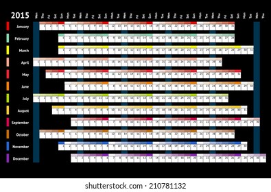 Black Linear Calendar 2015 With Days And Months Color Coding