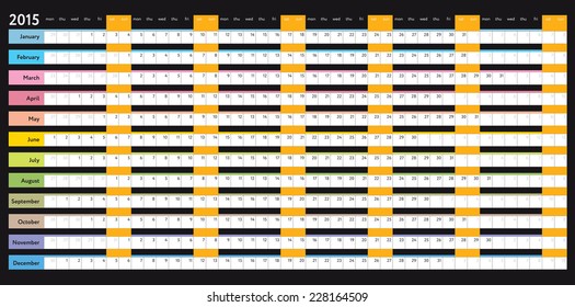 Black Linear Calendar 2015 With Days Of Week And Months Color Coding. Vector Template, Can Be Use In Web Or Print.