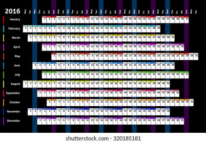 Black Linear Calendar 2016 With Days And Months Color Coding