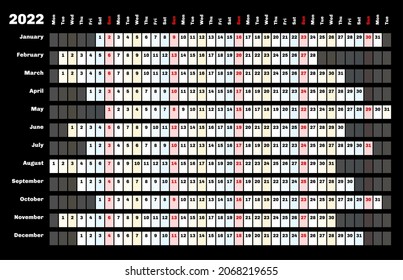 Black Linear Calendar 2022 With Days And Months Color Coding.