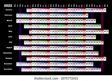 Black Linear Calendar 2022 With Days And Months Color Coding.