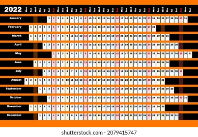 Black Linear Calendar 2022 With Days And Months Color Coding.