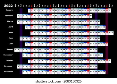 Black Linear Calendar 2022 With Days And Months Color Coding.