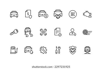 Black linear car services vector icons big set. Washing car, car selling, repair car, check engine, slippery road, transmission and other different operation.