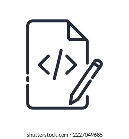 Black linear coding file with pencil. Edit or create code document file concept icon design. Coding, frontend and backend editing.