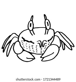 Black linear crab on white isolated backdrop. Pagurian for invitation and gift card, tattoo parlor or seafood store logo, bath tile. Phone case or cloth print. Doodle style stock vector illustration
